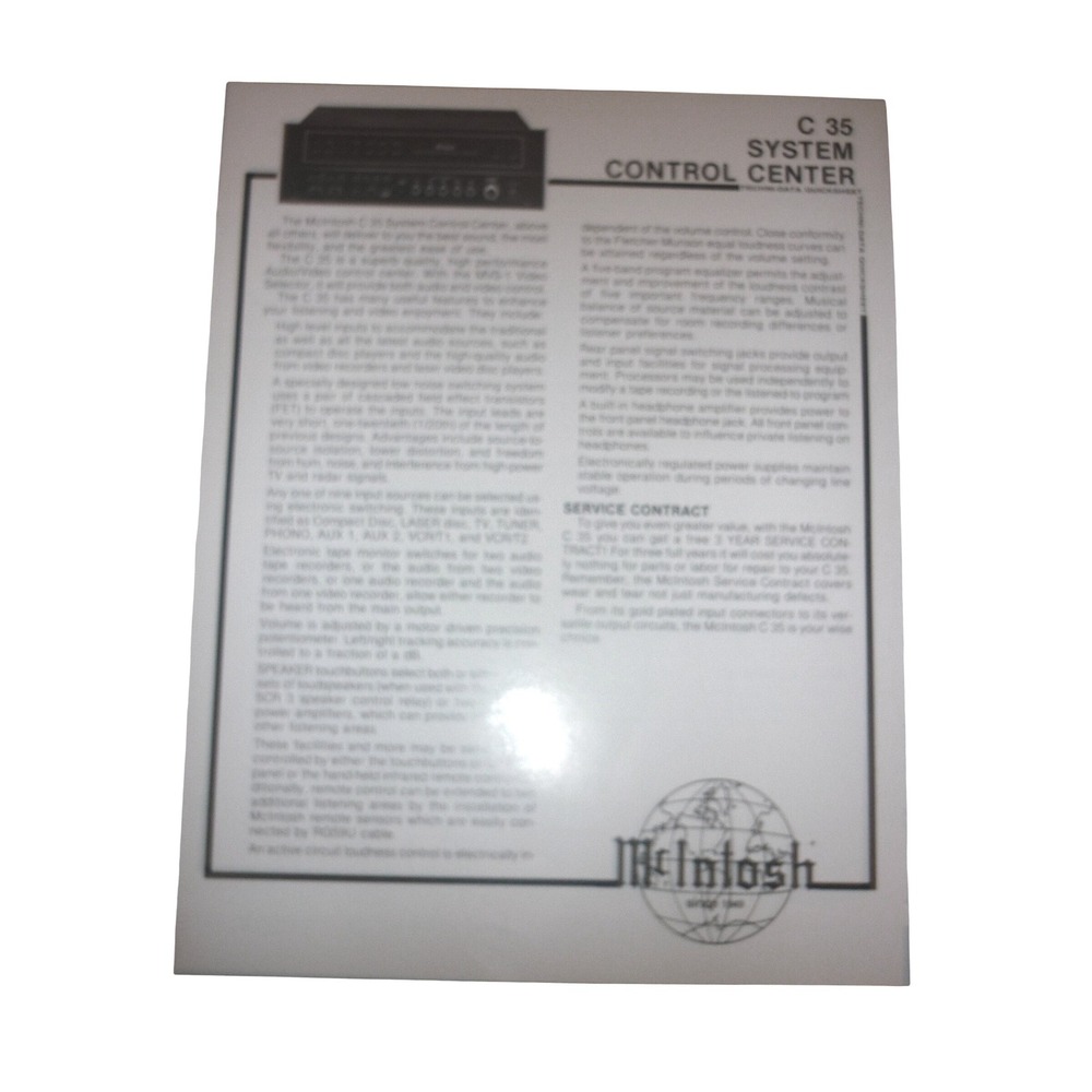 McIntosh C 35 System Control Center Techni-Data Quicksheet Vintage Audio Manual